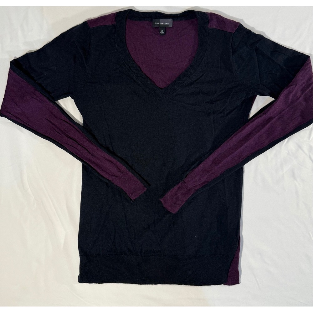 The Limited Womens V-Neck Sweater Black Plum Purple Colorblock Knit Top XS